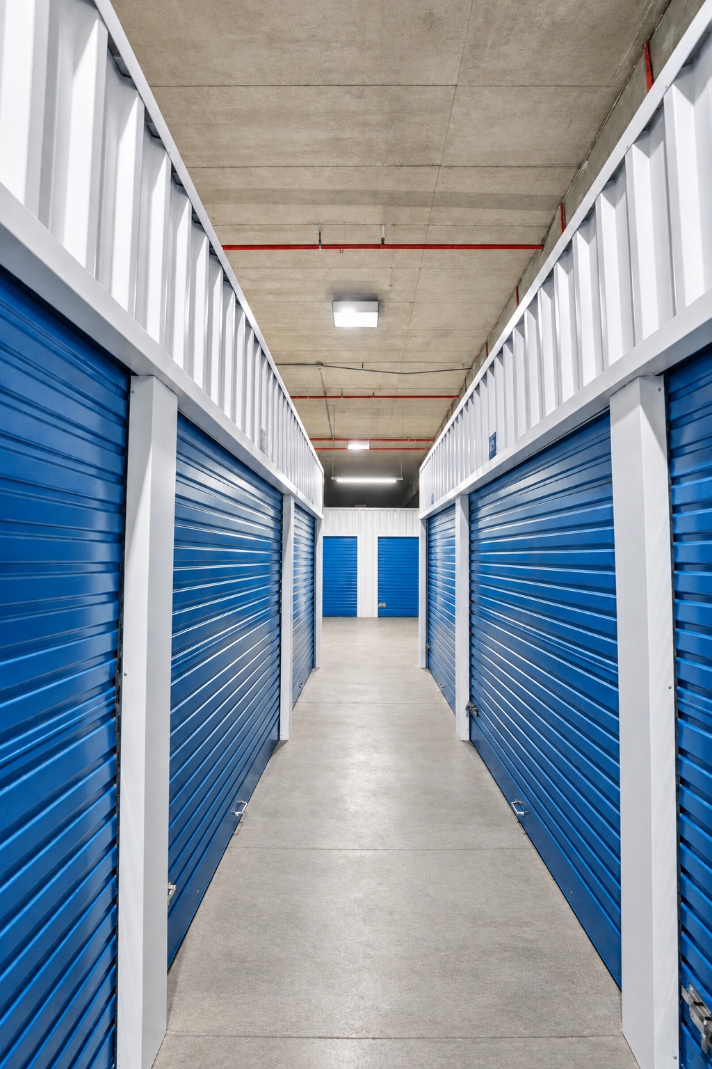 An aisle of numbered blue roller-shutter storage units inside the Cedar Square facility