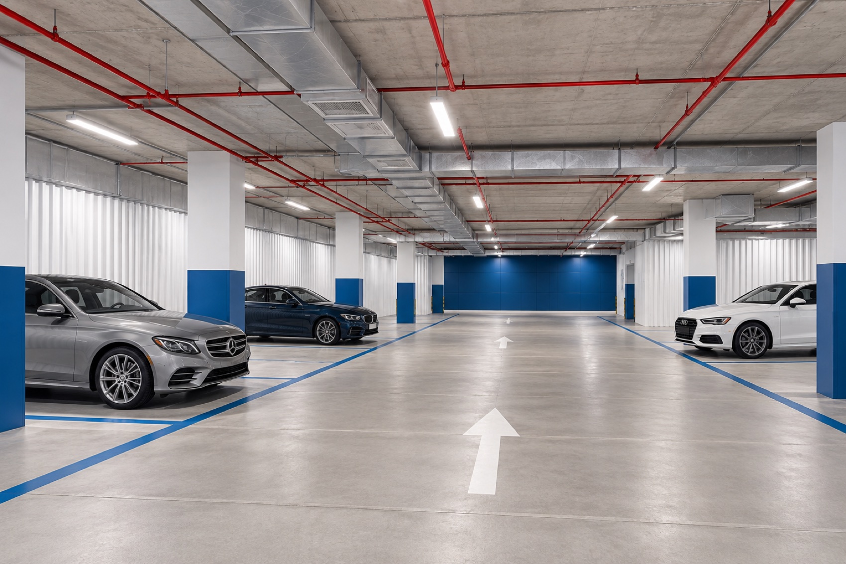 Parking design concept inspired by the facility’s concrete ceiling, exposed services, white walls and blue bay markings