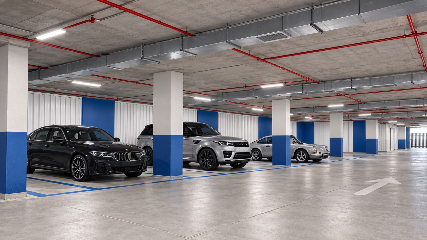 Concept of open parking bays with white partitions, concrete columns and blue accents